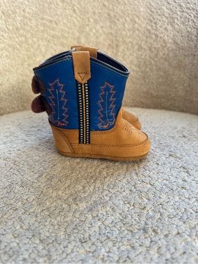 Old West Infant Cowboy Boots Size 2 Brown Blue Leather Western Baby Boots